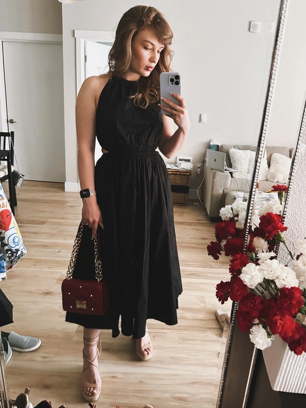 Michael Kors Black Midi Dress with Chain-Strap Detail